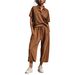 Women's Summer Casual Lapel Short Sleeved Drawstring Capri Pants Set European American Style Solid Color Two Piece Sports Outfit_ecoleips.com
