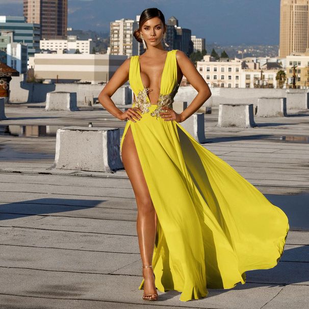 Women's Clothing Pure Color Sexy Fashion Wedding Evening Dress Deep V Neck Slit Floor Length Dress_ecoleips.com