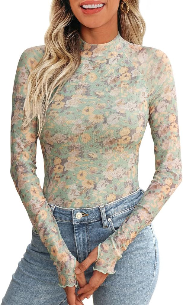 Women's Clothing Pullover High Collar Long Sleeved Lace Floral Mesh Bottoming Shirt T Shirt Female_ecoleips.com