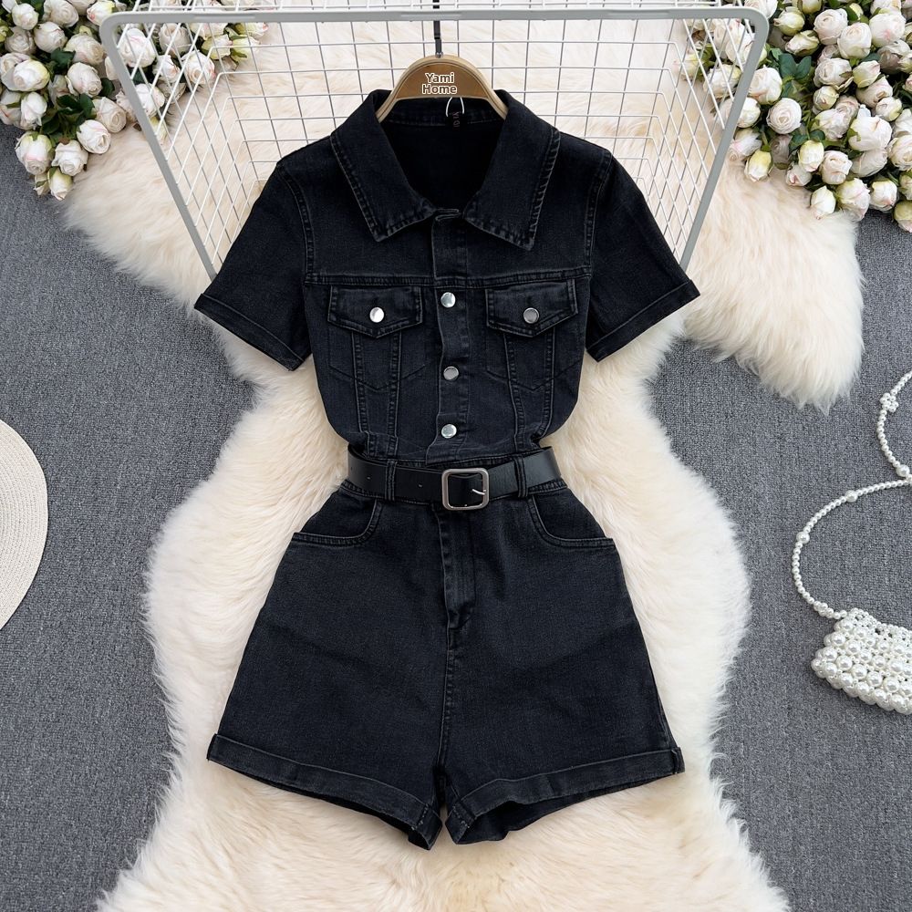 Summer Women's Premium Selection K Style Collared Denim Jumpsuit 2025 Short Sleeved Single Breasted Wide Leg Shorts_ecoleips.com