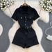 Summer Women's Premium Selection K Style Collared Denim Jumpsuit 2025 Short Sleeved Single Breasted Wide Leg Shorts_ecoleips.com