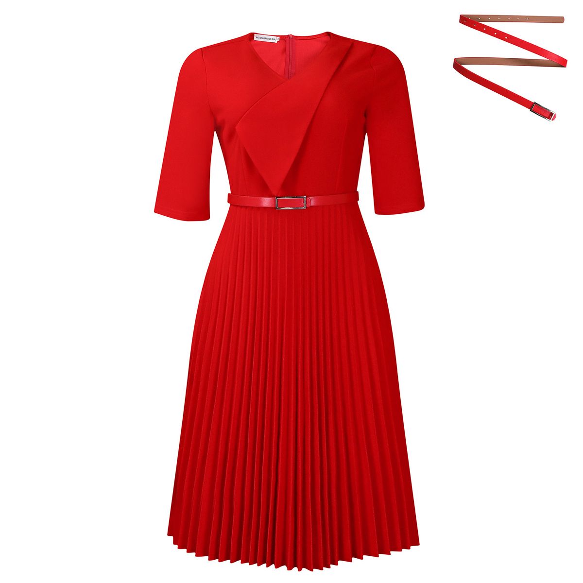 Elegant V-Neck A-Line Midi Dress With Pleated Detail-Inspired Flowy Summer Dress For Women, Plus Size Casual To Office Wear With Belt_ecoleips.com