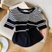 Women's Rib-Knit Ice Silk Short Sleeve Top, Striped Cropped Tee For Summer, Soft Breathable Casual Shirt_ecoleips.com