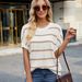 Women's Striped Knit Crew Neck Pullover Sweater Color Block Drop Shoulder Short Sleeve European American Style Fashion Spring Autumn_ecoleips.com