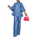 High-Collar Button-Detail Denim Set - Straight Leg Pants & Cropped Jacket, Solid Color Streetwear (Dark Blue/Black/Light Blue)_ecoleips.com