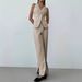 Women's Clothing Temperament Spring And Summer Thin Breathable V Neck Sleeveless Vest Trousers Slit Wide Leg Pants Suit 2 Pieces_ecoleips.com