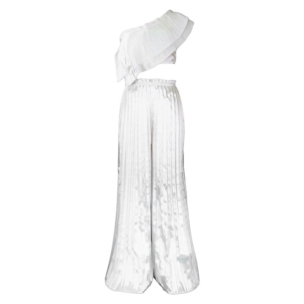 Women's Two Piece Set Off Shoulder Backless Ruffled Top Wide Leg Pants Casual Fashion Full Length Polyester_ecoleips.com
