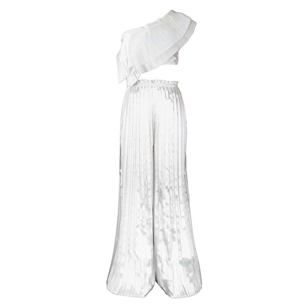 Women's Two Piece Set Off Shoulder Backless Ruffled Top Wide Leg Pants Casual Fashion Full Length Polyester_ecoleips.com