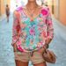 Women's Clothing Casual V Neck Long Sleeve Regular Pullover Digital Printing Tops T Shirt_ecoleips.com