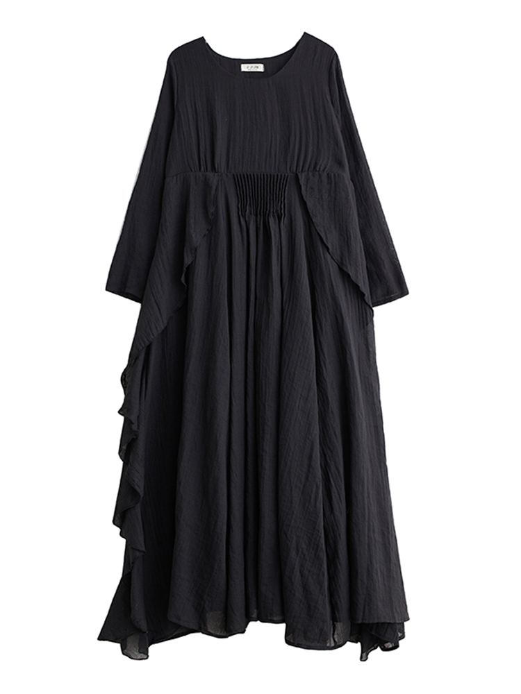 Black Vintage Pleated Ruffles Dresses For Women Autumn New Long Sleeve Loose Casual Dress Vestidos Fashion Elegant Clothes 2025_ecoleips.com