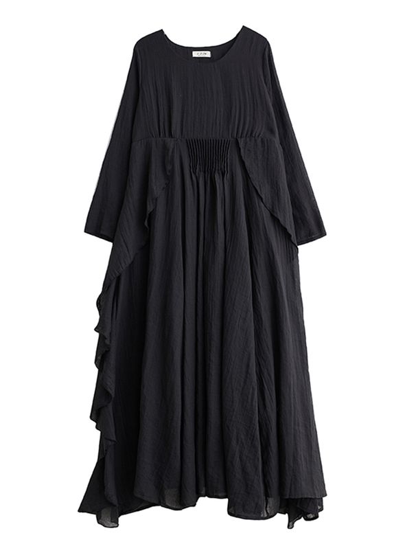 Black Vintage Pleated Ruffles Dresses For Women Autumn New Long Sleeve Loose Casual Dress Vestidos Fashion Elegant Clothes 2025_ecoleips.com
