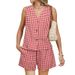 Women's Clothing Two Piece Holiday Wear Short Suit Linen Plaid Vest_ecoleips.com