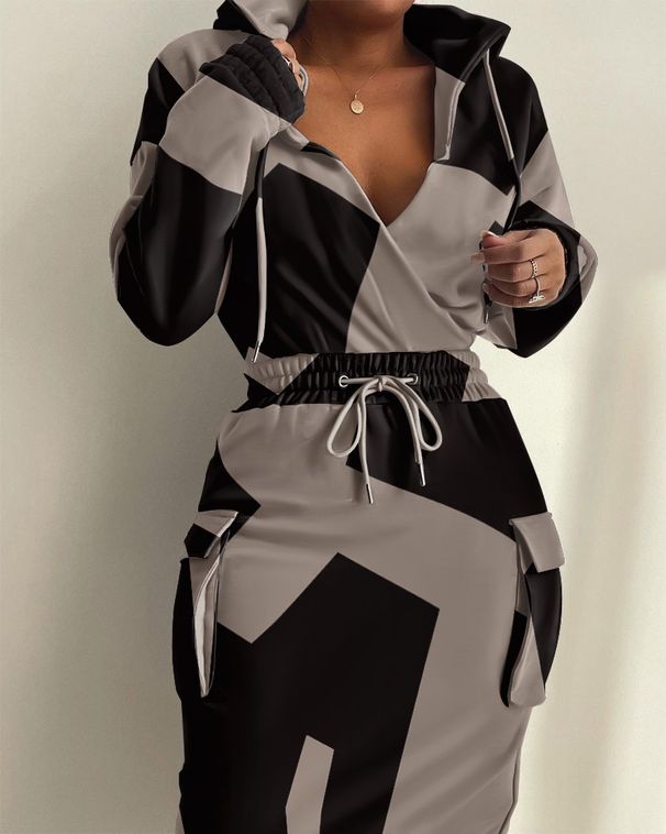 Women's Drawstring Long Sleeve Commuter Drawstring V-Neck Dresses_ecoleips.com