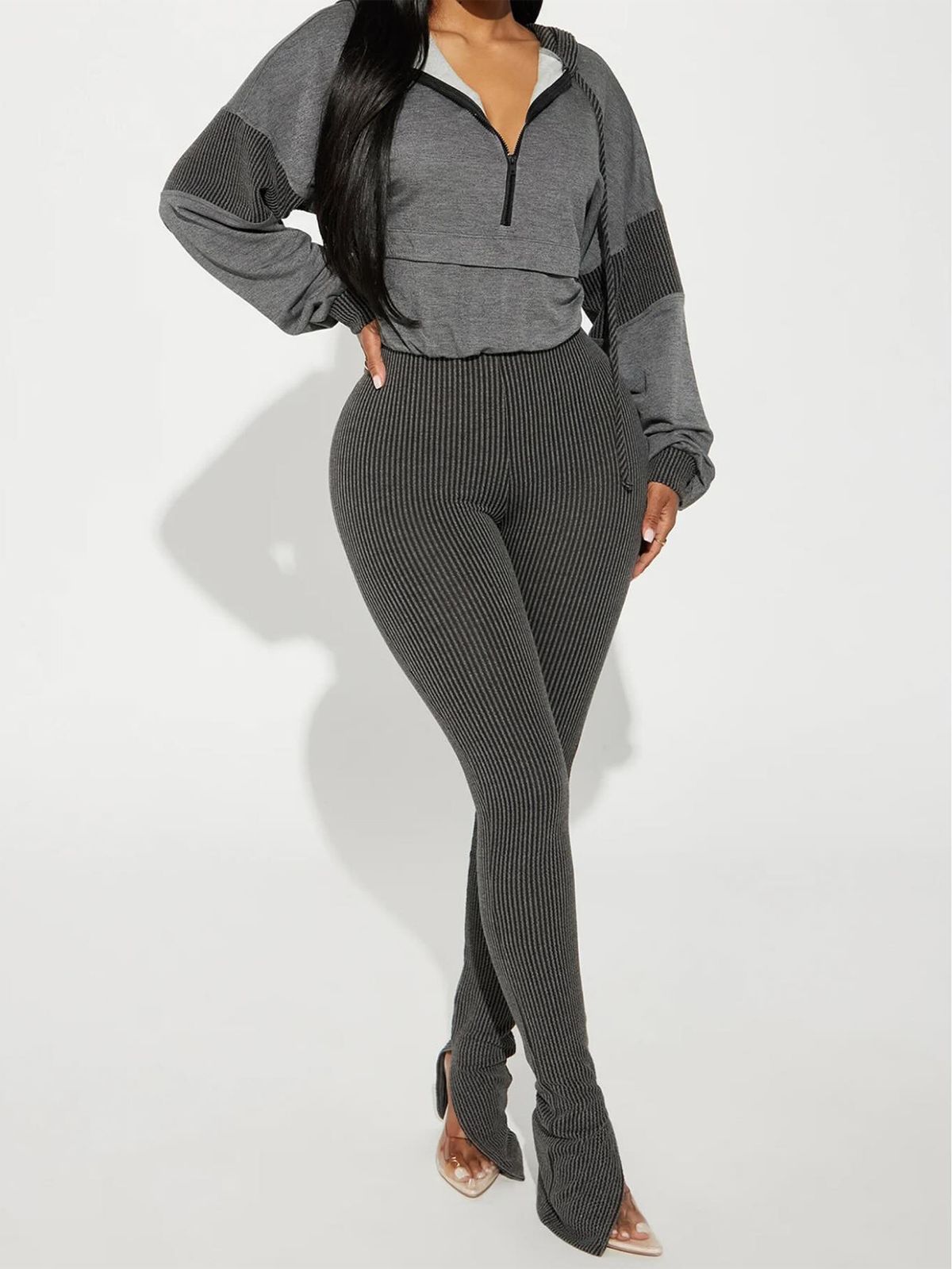 Women's Clothing Autumn And Winter Fashion Long Sleeved Hooded Patchwork Tops Slim Elastic Striped Split Trousers_ecoleips.com