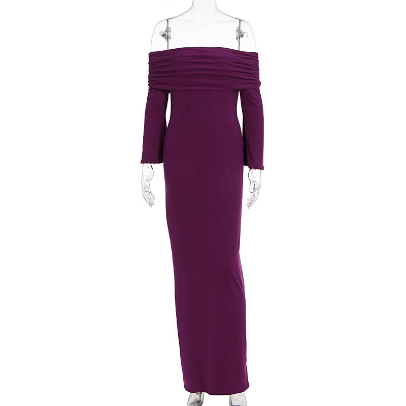 Women Elegant Solid Color Off Shoulder Long Sleeve Ruched Fall Maxi Dress Casual Fashion Long Dress For Women Autumn_ecoleips.com