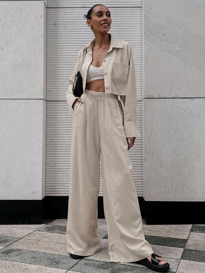 Women's Solid Color Long Sleeve Casual Fashion Shirt And Drawstring Pants Set European American Style Short_ecoleips.com