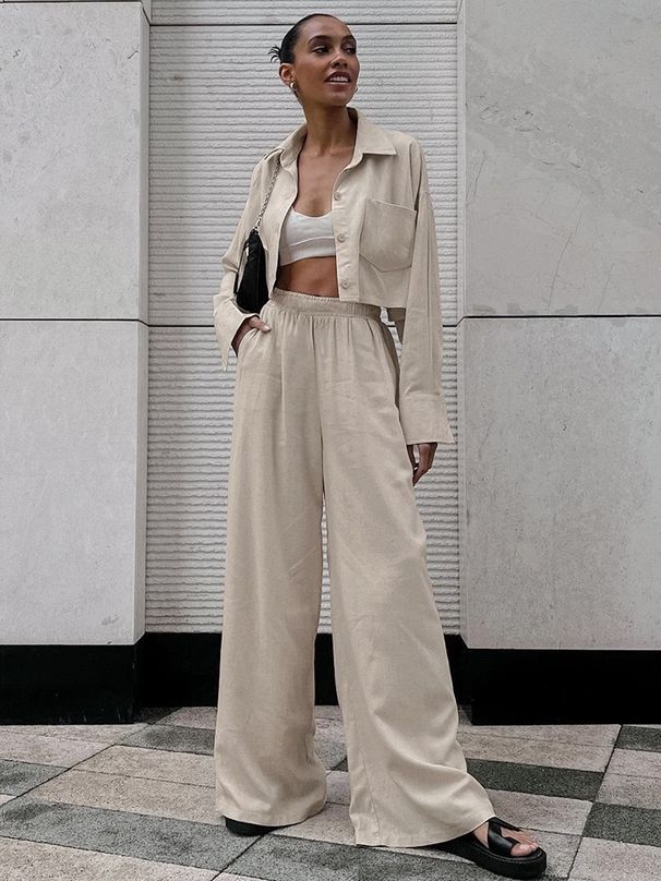 Women's Solid Color Long Sleeve Casual Fashion Shirt And Drawstring Pants Set European American Style Short_ecoleips.com