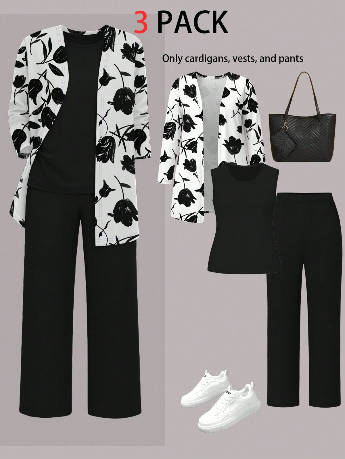 Women's Plus Size Three Piece Set Floral Print Top Solid Color Vest Straight Leg Pants Autumn Fashion Ensemble_ecoleips.com