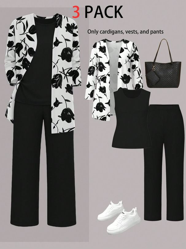 Women's Plus Size Three Piece Set Floral Print Top Solid Color Vest Straight Leg Pants Autumn Fashion Ensemble_ecoleips.com