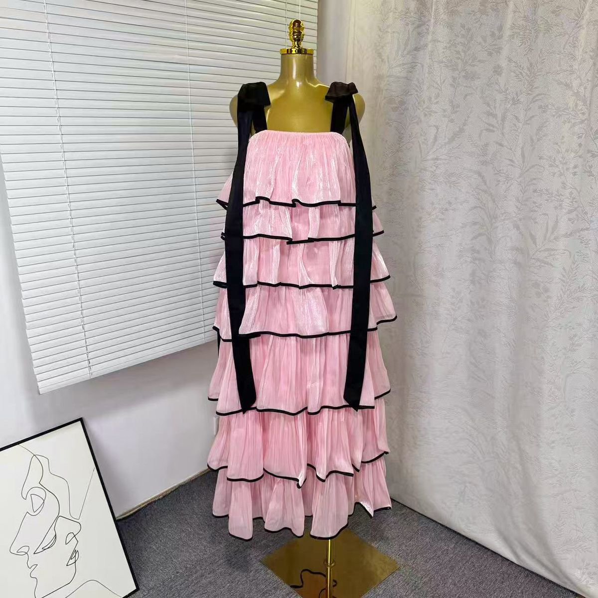 Women's Clothing Spring New Sleeveless Solid Color Wide Strap Long Loose Ruffle Cake Dress Fashion_ecoleips.com