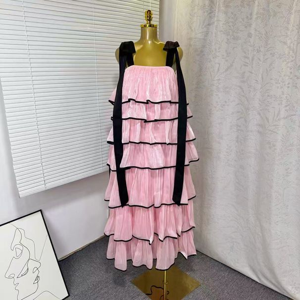 Women's Clothing Spring New Sleeveless Solid Color Wide Strap Long Loose Ruffle Cake Dress Fashion_ecoleips.com