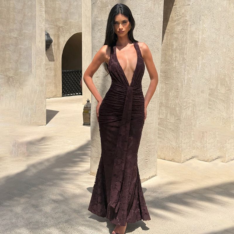 Sexy Deep V Backpack Hip Revealing Long Skirt Dress European American Style Lace up Ruffled Fishtail for Hot Girls 2025 Cross Border_ecoleips.com