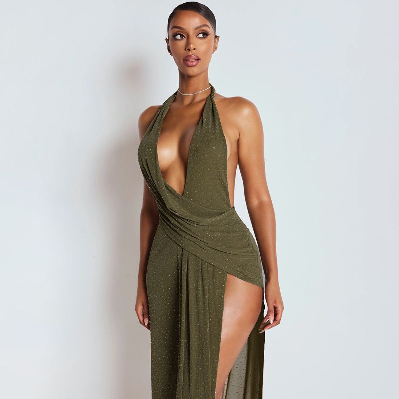Elegant Backless Halter Neck Bodycon Dress V-Neck Slit Summer Fashion Women's European American Style Clothing_ecoleips.com