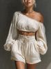 Women's French Style Relaxed off Shoulder Long Sleeve Top And High Waisted Ruffled Shorts Set Casual Short Outfit_ecoleips.com