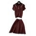 Preppy Style Women's Polo Collar Knit Two Piece Set Slimming Short Sleeve Top Elegant Skirt Set for Summer Commuting_ecoleips.com