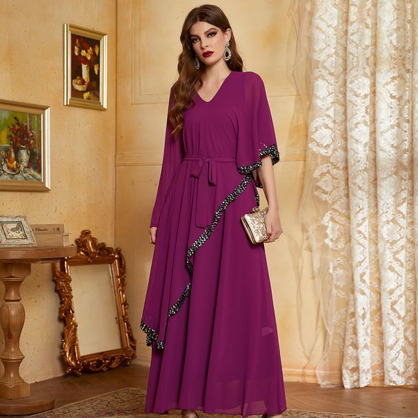 Rose Purple Double-Layer Chiffon Sequin Irregular Slimming Party Long Dress, Elegant Dress_ecoleips.com