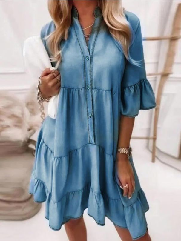 Women's Clothing New Solid Color Washed Cotton Five Point Sleeve A Line Mid Length Denim Dress Long Skirt_ecoleips.com