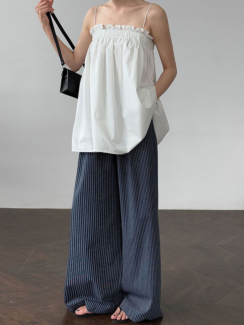 Korean Style Vertical Striped Wide Leg Pants For Women - High Waist Loose Fit Long Trousers, Summer Cotton Lazy Casual Pants_ecoleips.com