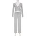 Winter Women's Two Piece Set Sweet Comfortable Solid Color Deep V Neck Lace Up Top With Drawstring Straight Leg Pants Asymmetrical Design_ecoleips.com