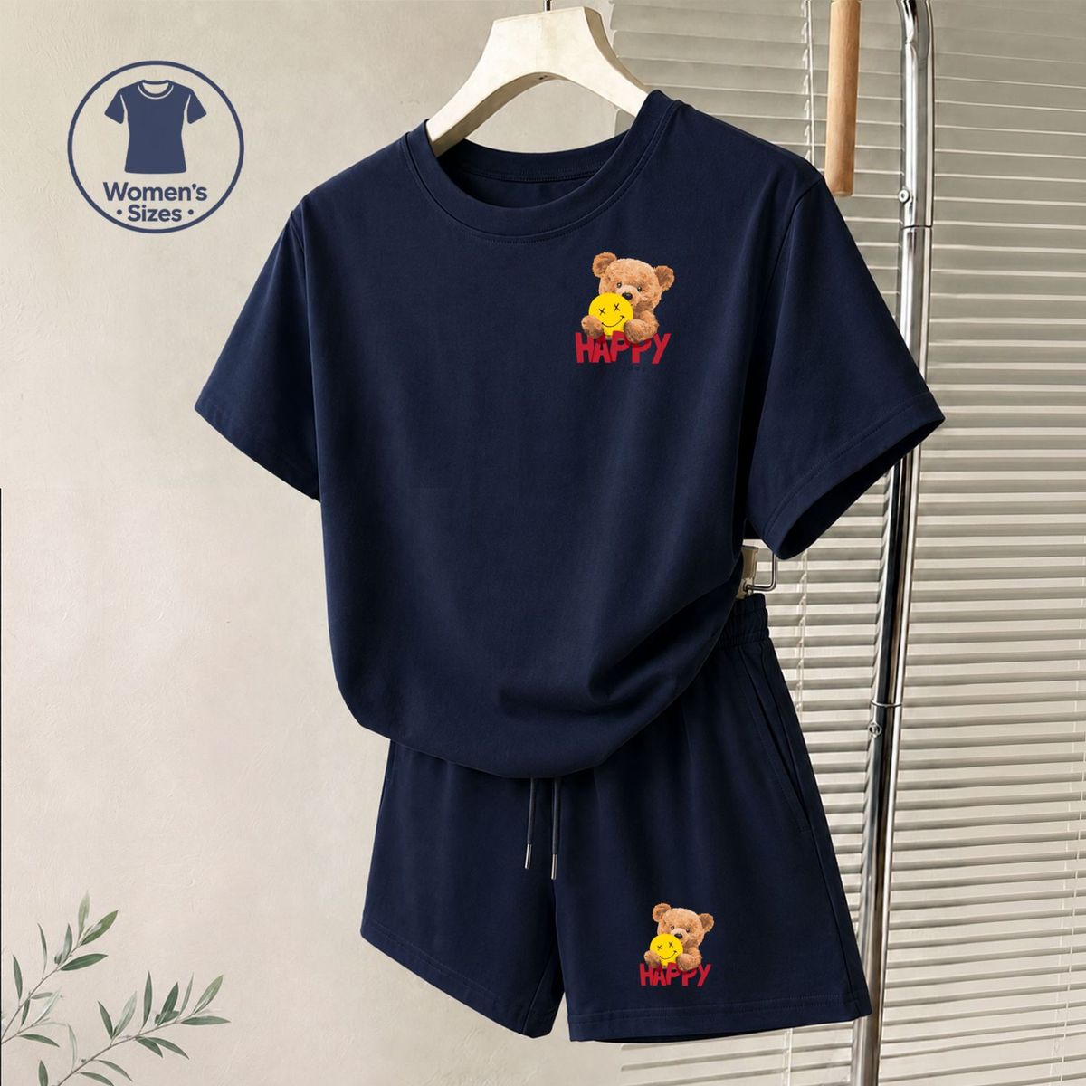 Women's Cute Casual Two Piece Set Bear Print Short Sleeve Top And Shorts Summer Outfit Can Be Worn at Home Or out_ecoleips.com