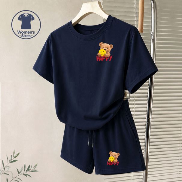 Women's Cute Casual Two Piece Set Bear Print Short Sleeve Top And Shorts Summer Outfit Can Be Worn at Home Or out_ecoleips.com