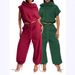 Women's Casual Crop Top And High Waist Elastic Pants Set Round Neck Short Sleeve Tie Detail Autumn Wear_ecoleips.com