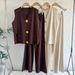 Women's Clothing Summer Gold Button V Neck Knitted Vest Casual Loose Trousers Knitted Two Piece Suit_ecoleips.com