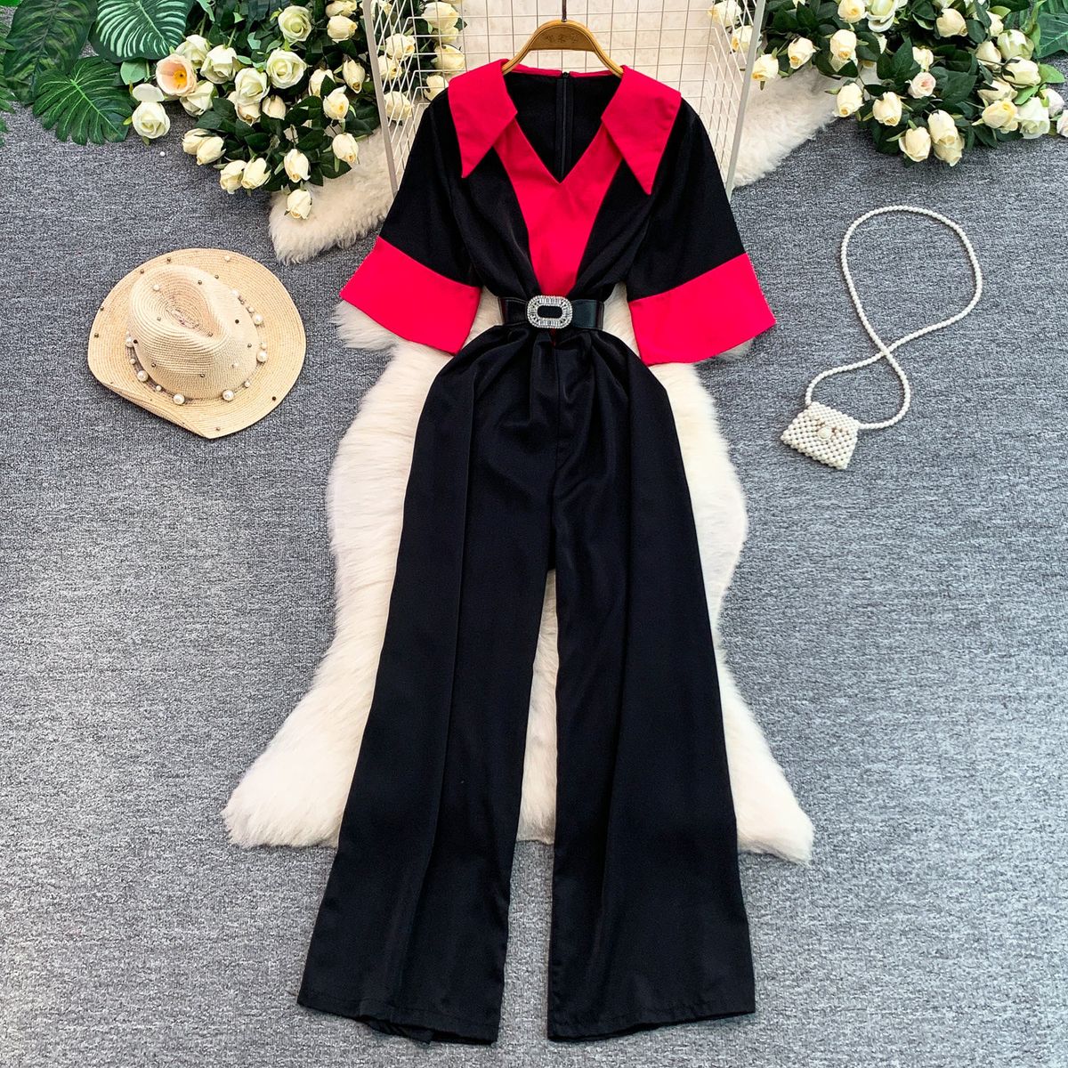 Elegant French-Inspired V-Neck Short Sleeve Jumpsuit With Contrast Color & Waist Belt - Flowy Wide Leg Pants For Women, Summer Retro Chic Outfit_ecoleips.com