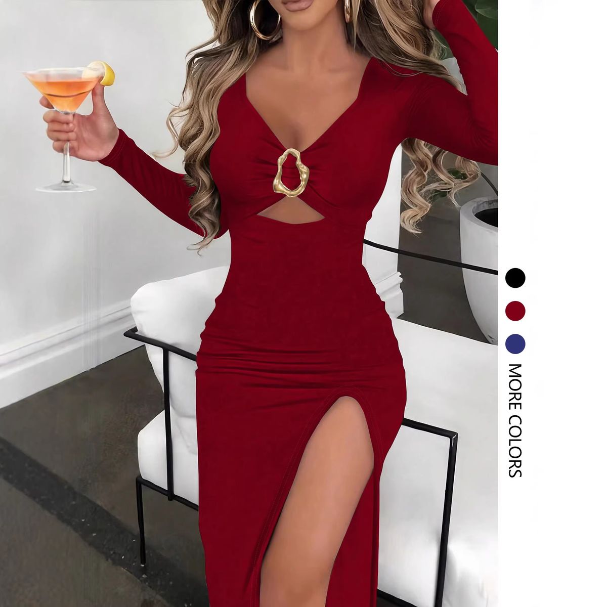 Elegant V-Neck Ruffle Split Hem Dress – Women’s Stretch Knit Maxi Dress (Breathable Polyester, Black/Burgundy/Navy, S-XXL)_ecoleips.com