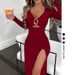 Elegant V-Neck Ruffle Split Hem Dress – Women’s Stretch Knit Maxi Dress (Breathable Polyester, Black/Burgundy/Navy, S-XXL)_ecoleips.com