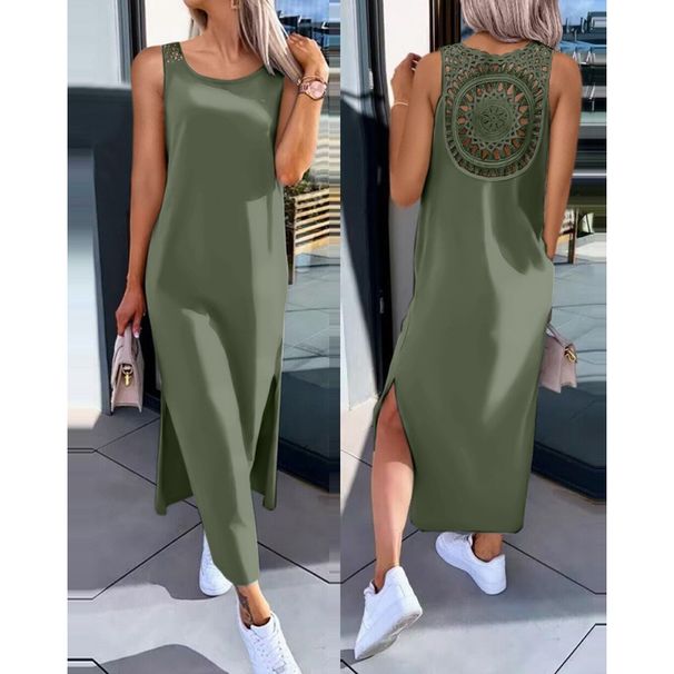 Women's Clothing New Fashion Slim Solid Color Back Lace Sleeveless Dress_ecoleips.com