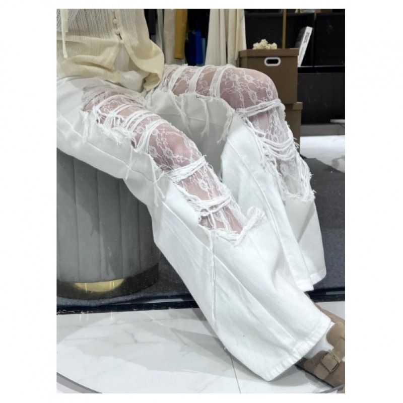 High-Waisted Wide-Leg Jeans Women's Slimming Ripped Casual Pants Lace Trimmed Trendy Cool Design Floor-Length Summer Fashion_ecoleips.com