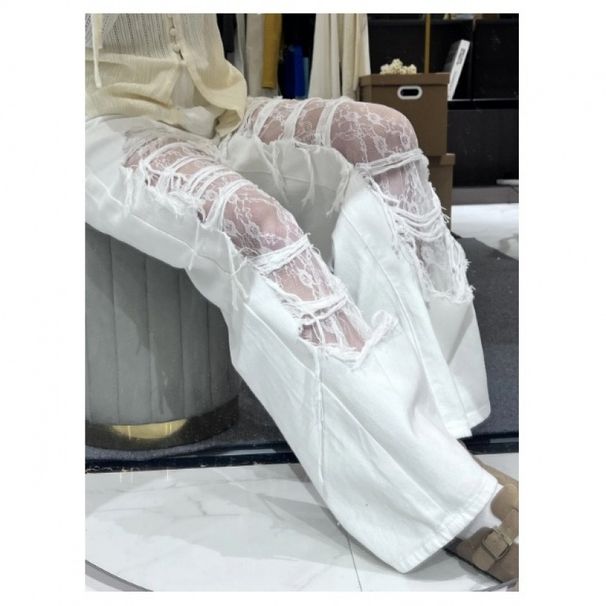 High-Waisted Wide-Leg Jeans Women's Slimming Ripped Casual Pants Lace Trimmed Trendy Cool Design Floor-Length Summer Fashion_ecoleips.com