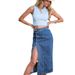 Women's Multi-Button Stretch Denim Long Skirt_ecoleips.com
