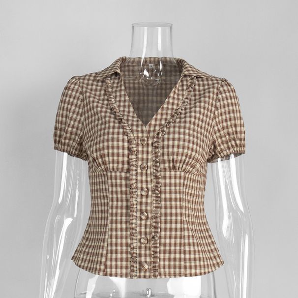 Women's Clothing Retro Brown Plaid Shirt Women's Sexy Ruffled Tie Small Collar Top Fashion_ecoleips.com