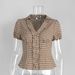 Plaid Shirt European And American 2025 Summer Retro Coffee Pleated Spice Girl Fungus Edge Lace-up Small Lapel Shirt_ecoleips.com