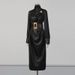 Elegant High-Neck Belted Midi Dress With Metallic Accents - A-Line Vintage-Inspired Formal Dress For Women (Black, Dark Brown)_ecoleips.com