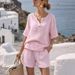Summer Vacation Style Women's Cotton Linen Set Loose V Neck Short Sleeved Top With Cropped Straight Leg Pants Two Piece Outfit_ecoleips.com