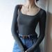 Women's Square Neck Ribbed Fabric T-Shirt Black Low Neck Patchwork Striped Base Layer Autumn Top American Style_ecoleips.com