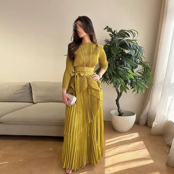 Women's Clothing Women's Solid Color Evening Gown Autumn Cross-Over Irregular Full Skirt With Tie Waist Elegant Versatile Pleated Dress_ecoleips.com